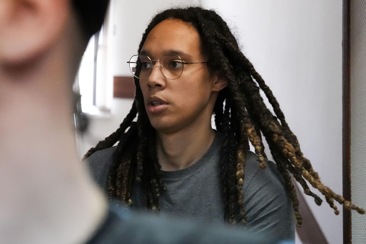 Brittney Griner is taken to a courtroom for a hearing in Khimki on Monday.