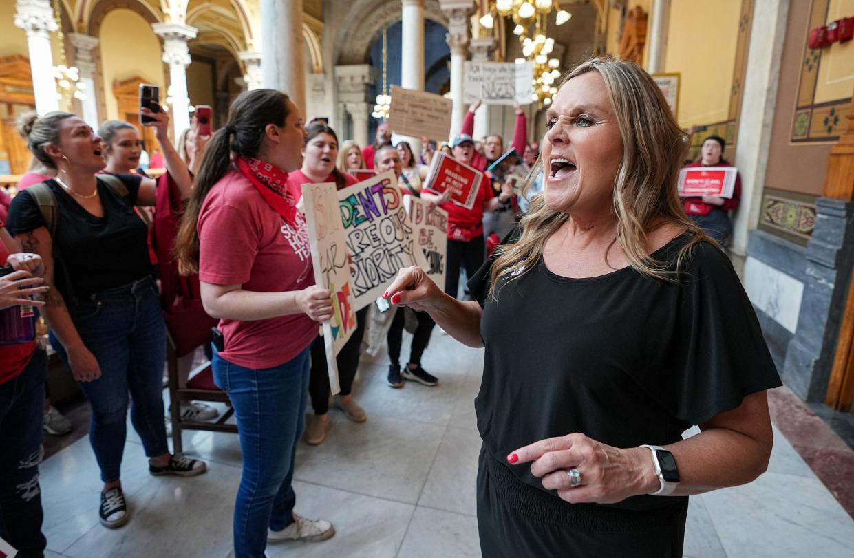 Former Indiana Superintendent of Public Instruction Jennifer McCormick leads chants during a protest gathering of teachers from across the state on Thursday, April 13, 2023, at the Indiana Statehouse in Indianapolis.
