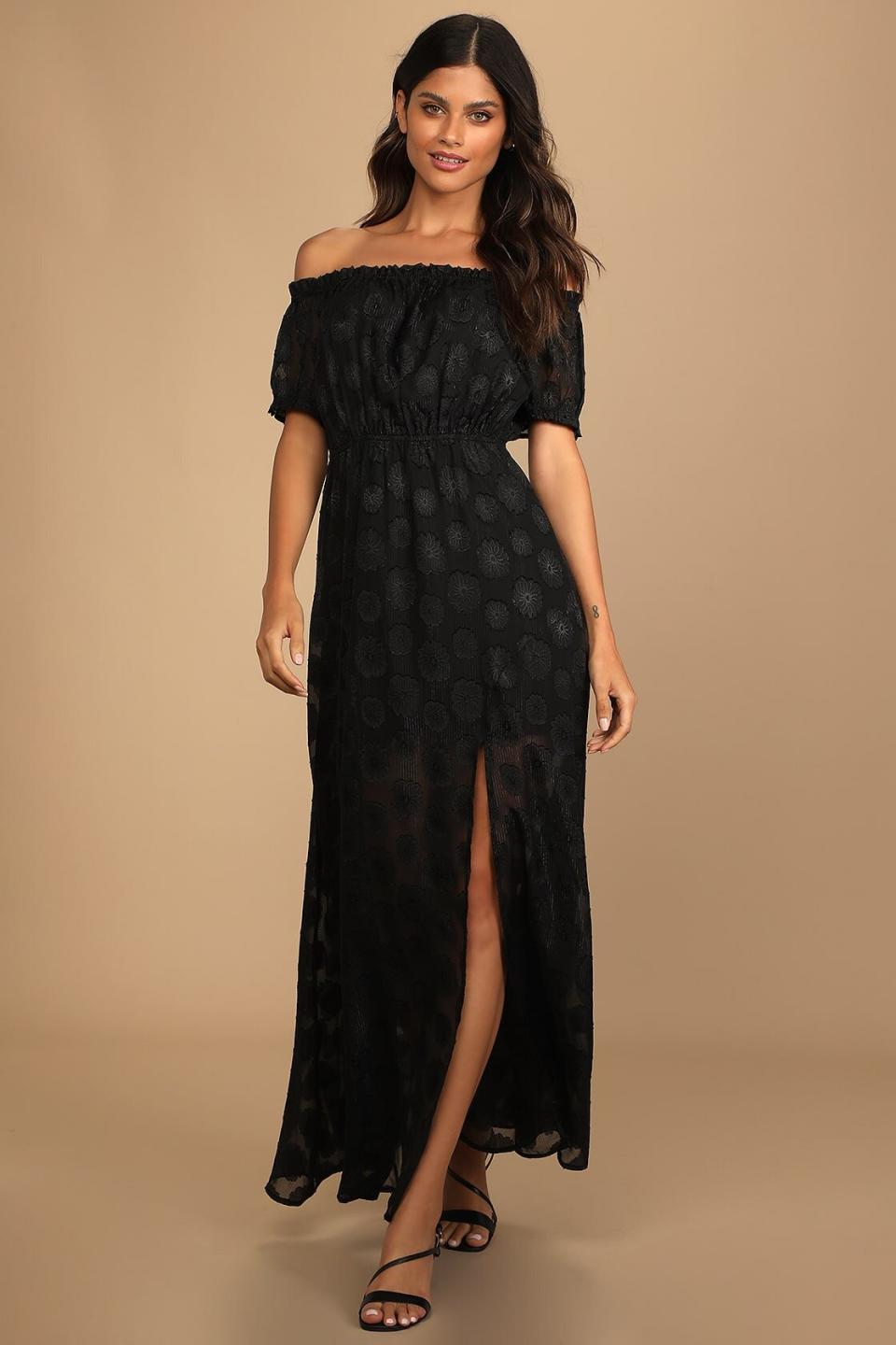 Lulus Shining Time Black Floral Jacquard Off-the-Shoulder Maxi Dress