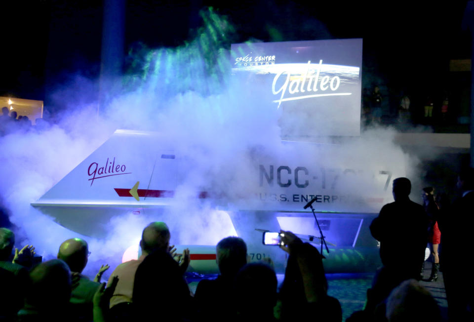 The restored space shuttle Galileo from the 1960's television show Star Trek is unveiled at Space Center Houston Wednesday, July 31, 2013, in Houston. (AP Photo/Pat Sullivan)