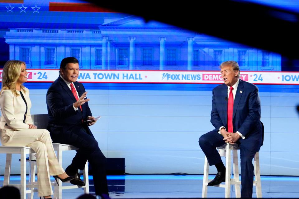 President Donald Trump speaks with Fox News anchors Martha MacCallum and Bret Baier at the Iowa Events Center on Wednesday, Jan. 10, 2024, in Des Moines.