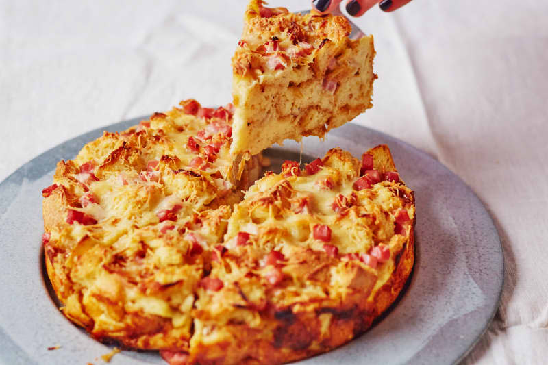 Caramelized Onion, Ham, and Provolone Breakfast Bread Pudding