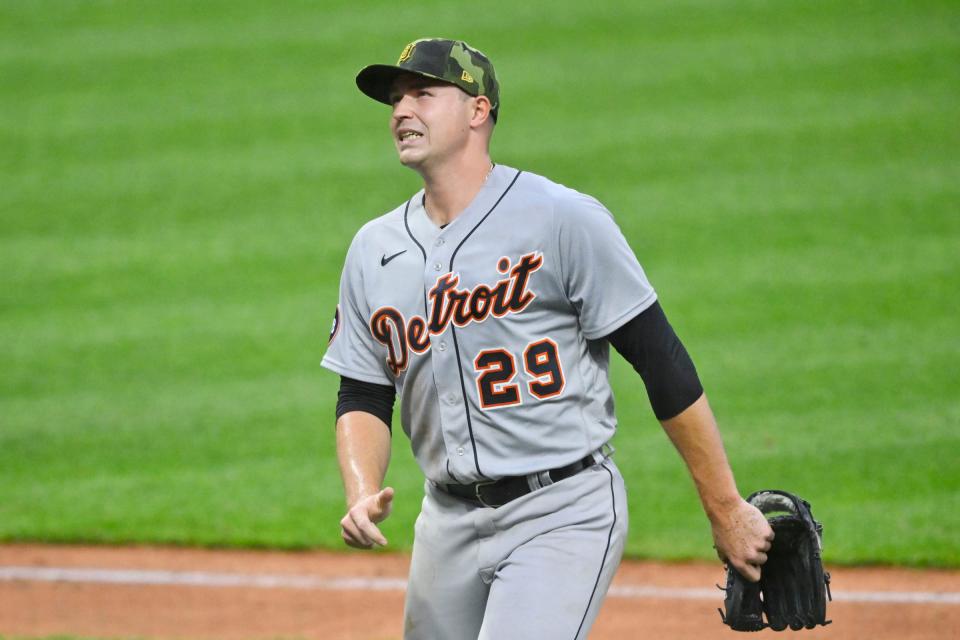 Detroit Tigers starting pitcher Tarik Skubal (29) limps off the field after he was hit by a batted ball in the fifth inning against the Cleveland Guardians at Progressive Field.