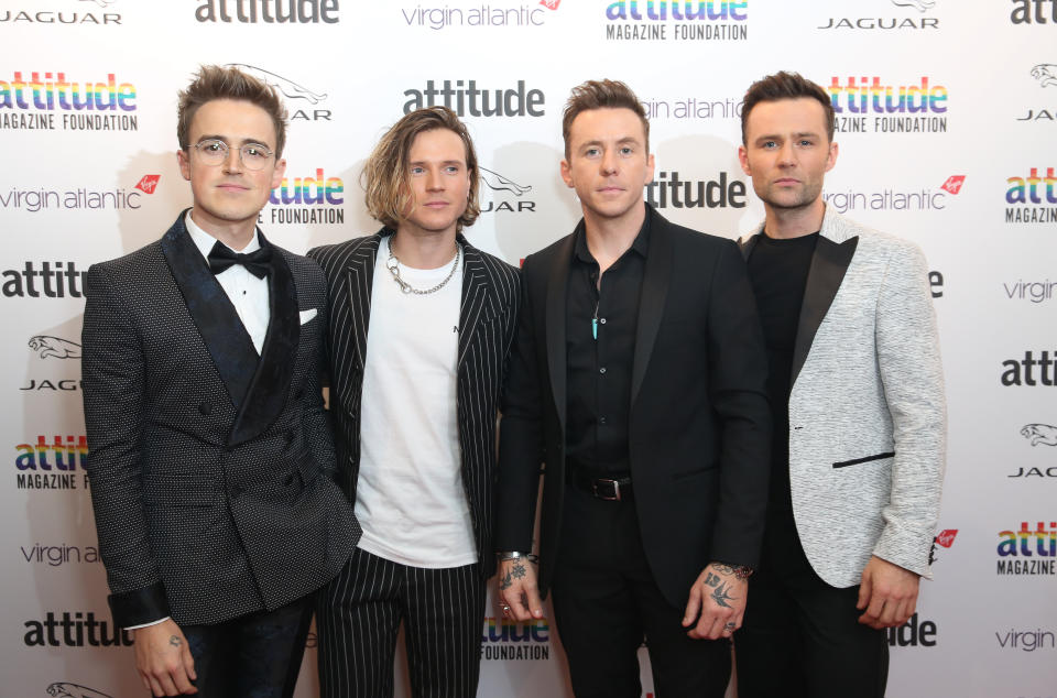 EDITORIAL USE ONLY File photo dated 09/10/19 of McFly (left to right) Tom Fletcher, Dougie Poynter, Danny Jones and Harry Judd. McFly will feature in an &quot;intimate and emotional&quot; one-off ITV special documenting the band�s history.
