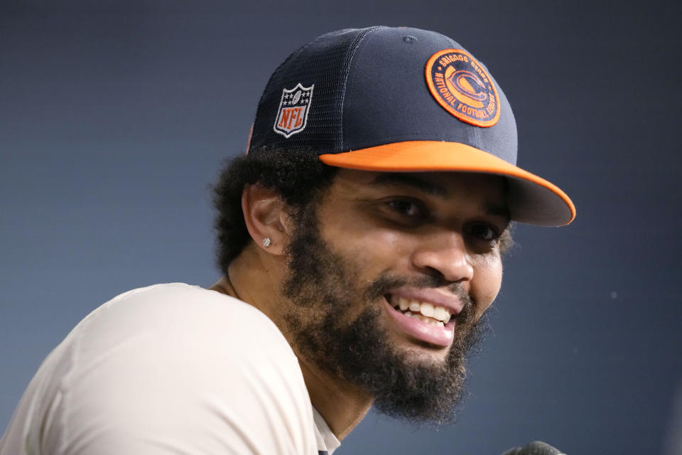 Chicago Bears quarterback Caleb Williams speaks during a news conference after practice at the NFL football team's mandatory minicamp in Lake Forest, Ill., Thursday, June 6, 2024. (AP Photo/Nam Y. Huh)