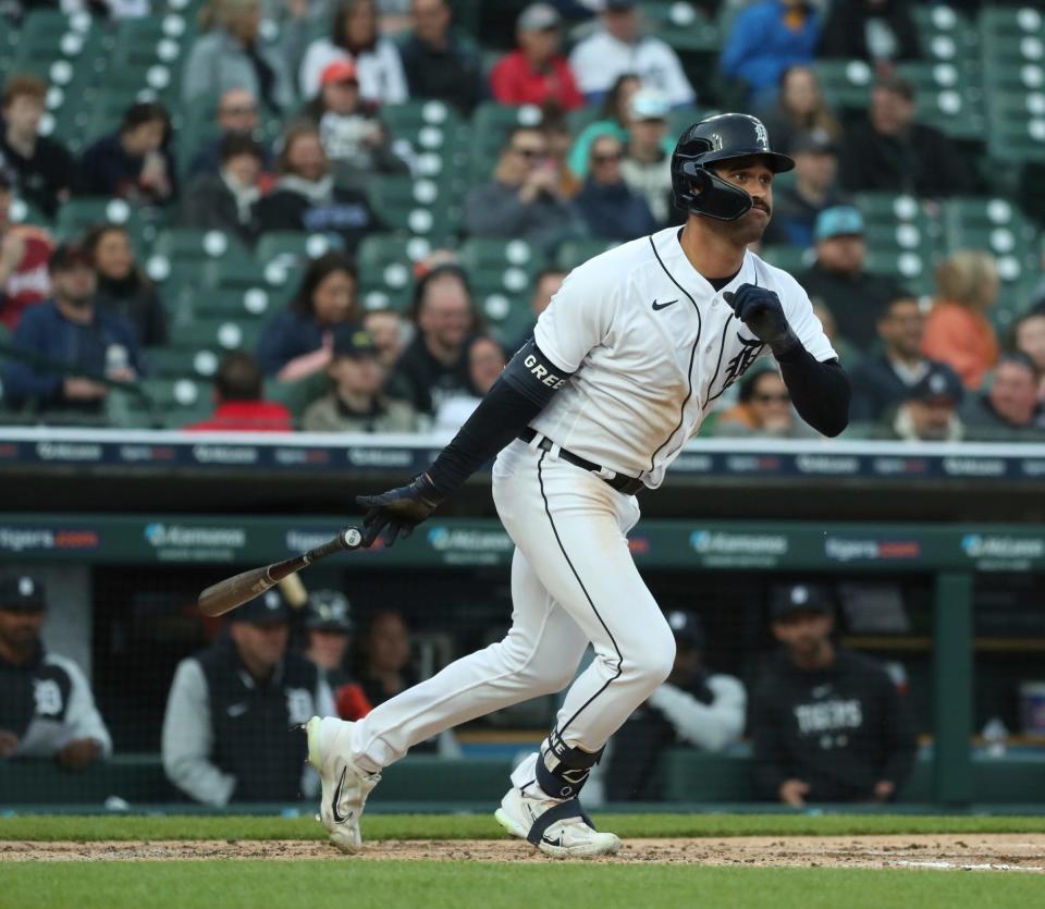 Detroit Tigers center fielder Riley Greene (31) grounds out  against Baltimore Orioles starting pitcher Kyle Gibson (48) during third inning action Thursday, April 27, 2023.