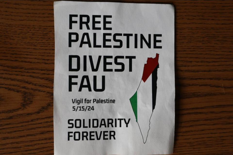 A flyer handed out at a pro-Palestine event at Florida Atlantic University indicated the Wednesday, May 15, 2024 event was to remember all lives lost in Palestine during the ongoing war and throughout the history of the conflict.