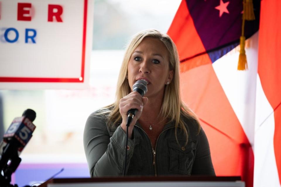 Georgia Republican House candidate Marjorie Taylor Greene endorses Sen. Kelly Loeffler (R-GA) during a press conference on October 15, 2020 in Dallas, Georgia. (Photo by Dustin Chambers/Getty Images)