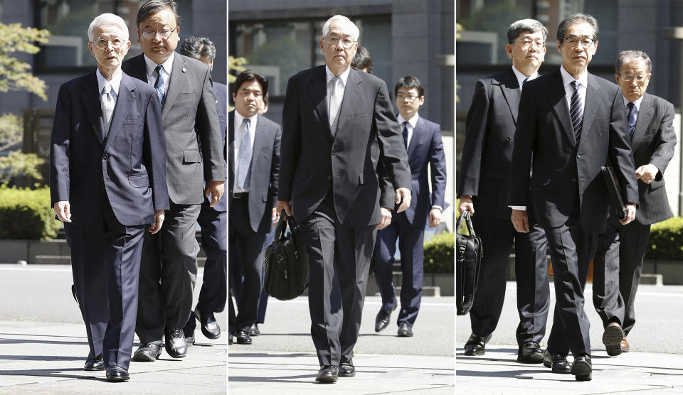 In this combination of photos, from left, former Tokyo Electric Power Co. (TEPCO) chairman Tsunehisa Katsumata, Vice Presidents Sakae Muto and Ichiro Takekuro arrive at Tokyo District Court in Tokyo Thursday, Sept. 19, 2019. The court ruled that the three former executives for TEPCO were not guilty of professional negligence in the 2011 Fukushima meltdown. It was the only criminal trial in the nuclear disaster that has kept tens of thousands of residents away from their homes because of lingering radiation contamination. (Satoru Yonemaru/Kyodo News via AP)