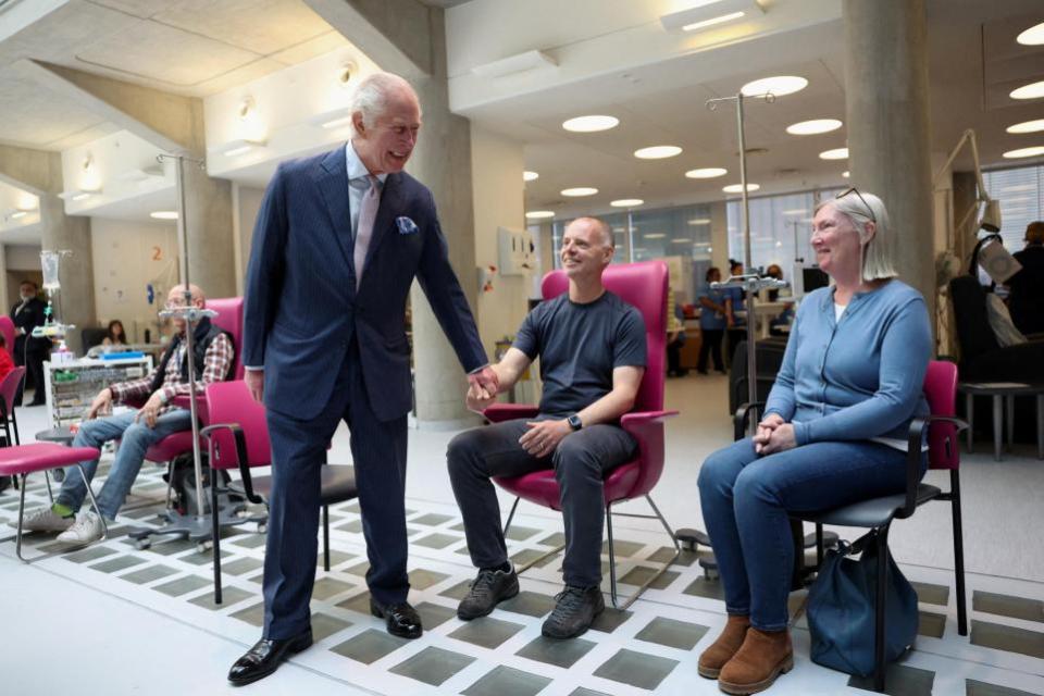 The Northern Echo: King Charles III, patron of Cancer Research UK and Macmillan Cancer Support, meets with patient Huw Stiley during a visit to University College Hospital Macmillan Cancer Centre, London