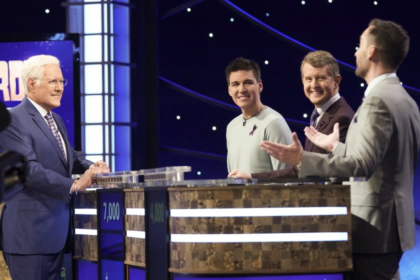 Host Alex Trebek with the contestants on the "Jeopardy! Greatest of All Time" tournament airing this week on ABC.