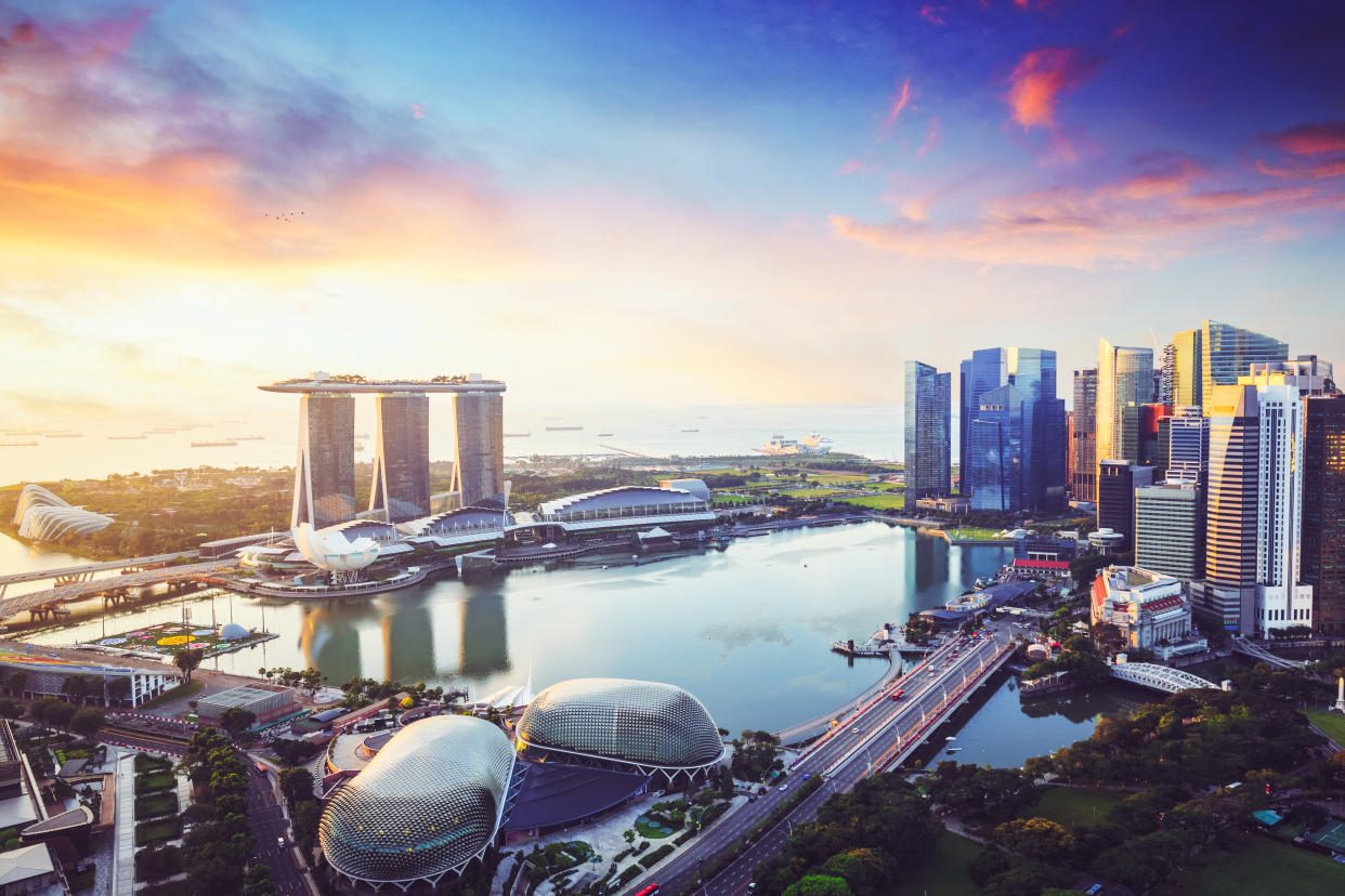 Aerial view of Singapore skyline business district and cityscape at twilight in Singapore, Asia.