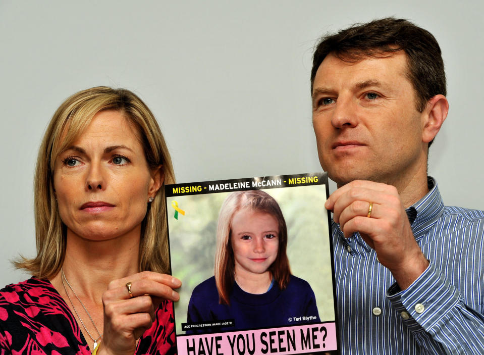 EMBARGOED TO 1915 WEDNESDAY JUNE 3 File photo dated 2/5/2012 of Gerry and Kate McCann whose daughter Madeleine disappeared from a holiday flat in Portugal in 2007 at a press conference in London where they hold an image of what Madeline might look like as an older girl. A German prisoner has been identified as a suspect in the disappearance of Madeleine, detectives have revealed. The Metropolitan Police have not named the man, 43, who is described as white with short blond hair, possibly fair, and about 6ft tall with a slim build.