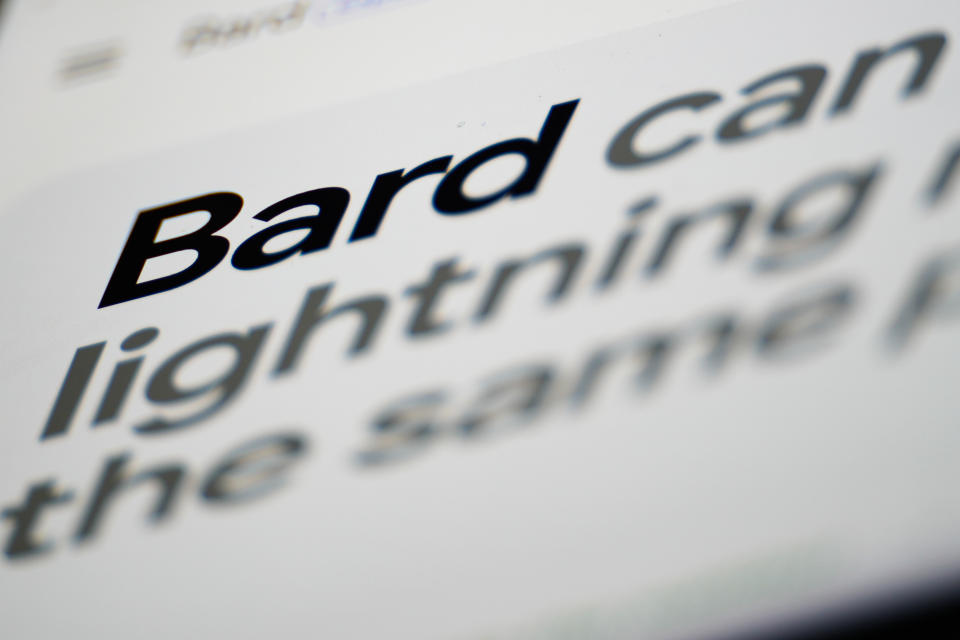 File - A portion of Google's Bard website is shown in Glenside, Pa. on March 27, 2023. Negotiators will meet this week to hammer out details of European Union artificial intelligence rules but the process has been bogged down by a simmering last-minute battle over how to govern systems that underpin general purpose AI services like OpenAI's ChatGPT and Google's Bard chatbot. (AP Photo/Matt Rourke, File)