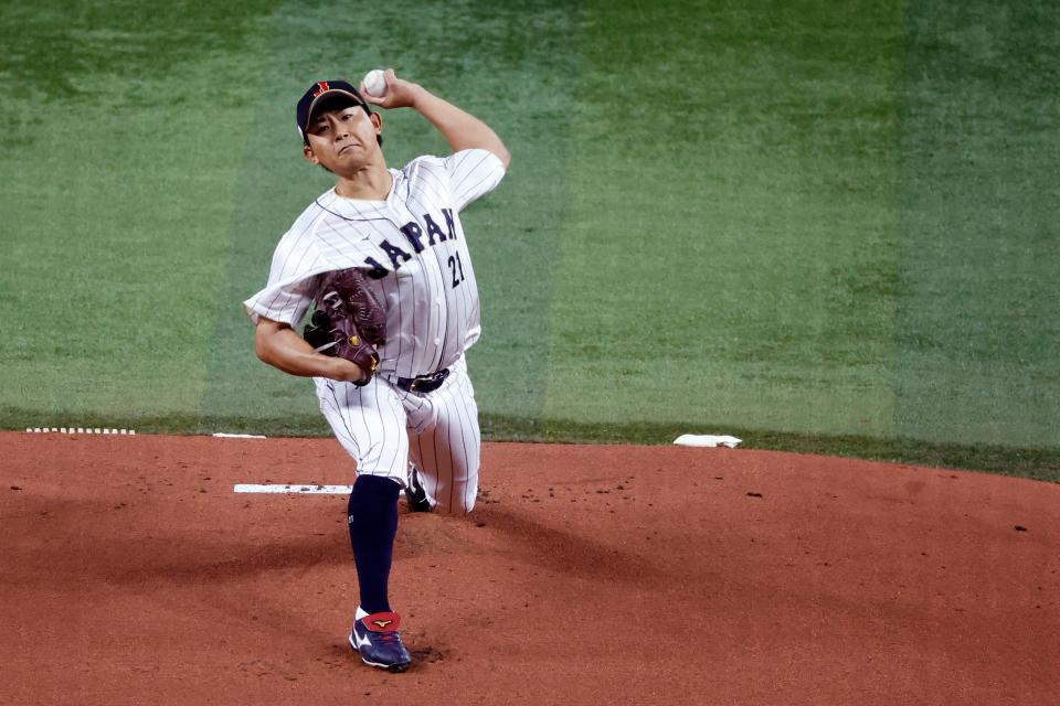 Japan starting pitcher Shota Imanaga pitches against the USA in the first inning at LoanDepot Park, March 21, 2023 in Miami.