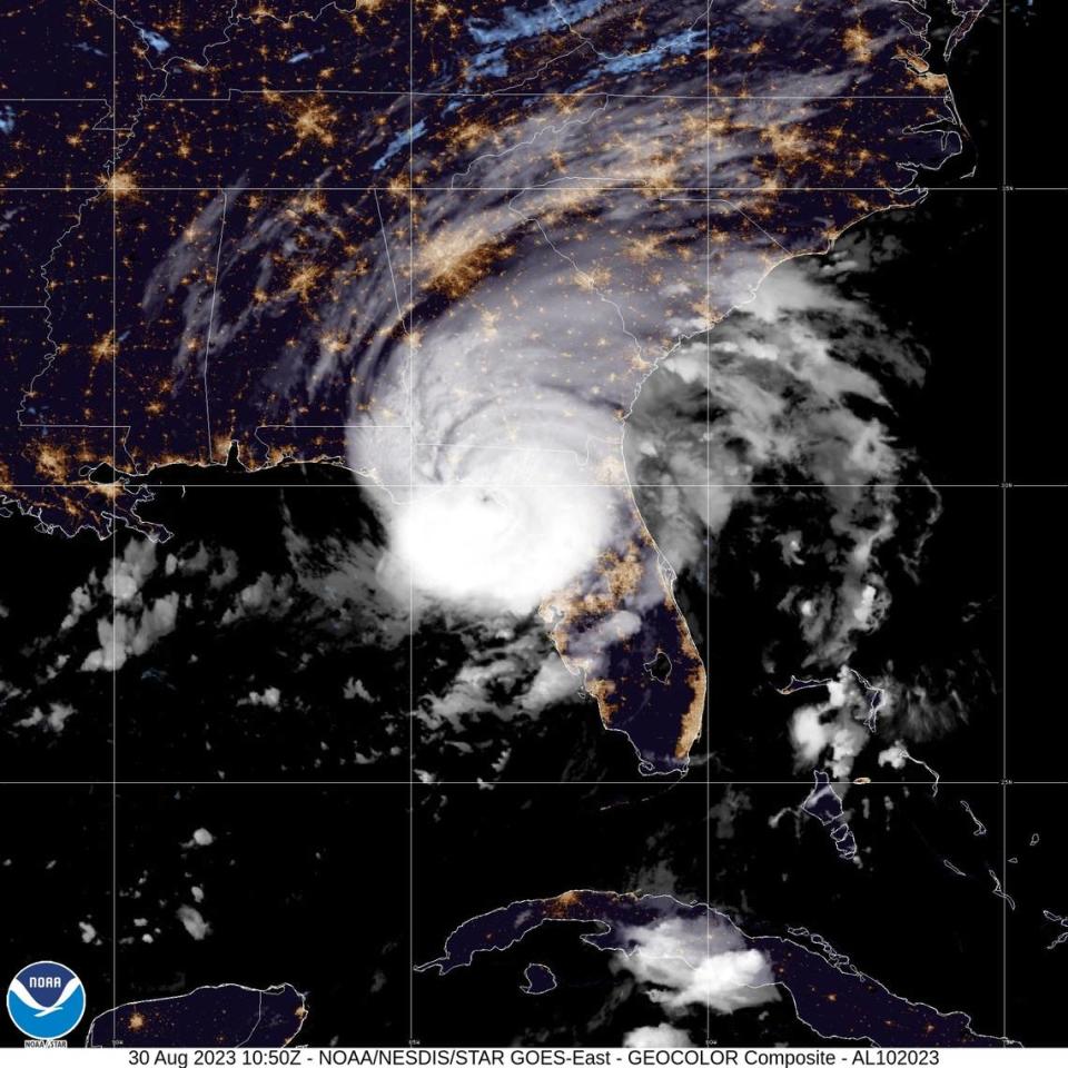 This image from NOAA shows Hurricane Idalia as the now-Category 4 storm is on the verge of making landfall in Florida.