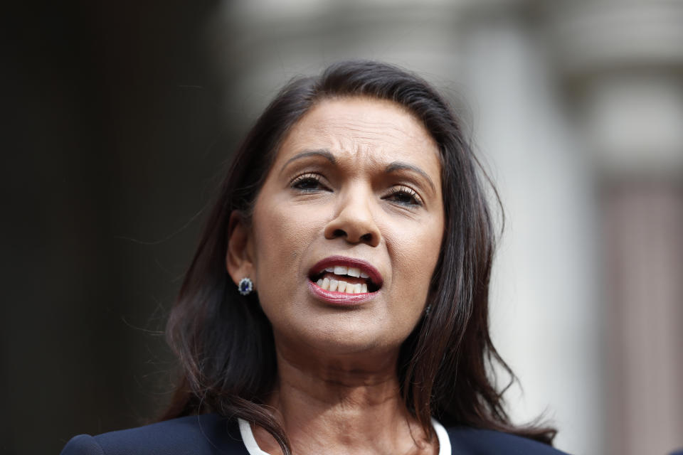 Anti Brexit campaigner Gina Miller speaks to the media outside the High Court in London, Friday, Sept. 6, 2019. The High Court has rejected a claim that Prime Minister Boris Johnson is acting unlawfully in suspending Parliament for several weeks ahead of the country’s scheduled departure from the European Union. (AP Photo/Alastair Grant)