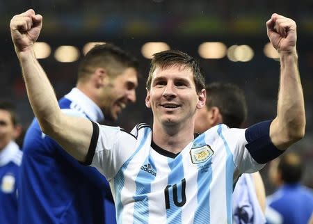 Argentina's Lionel Messi celebrates his team's win over the Netherlands after their 2014 World Cup semi-finals at the Corinthians arena in Sao Paulo July 9, 2014. REUTERS/Dylan Martinez