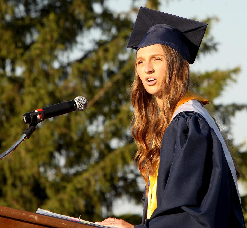 2022 Valedictorian Merrit Callahan gives her speech.