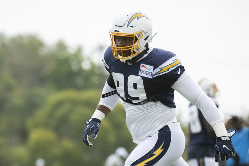 Los Angeles Chargers defensive tackle Jerry Tillery during an NFL football training camp in Costa Mesa, Calif., Monday, July 29, 2019. (AP Photo/Kyusung Gong)