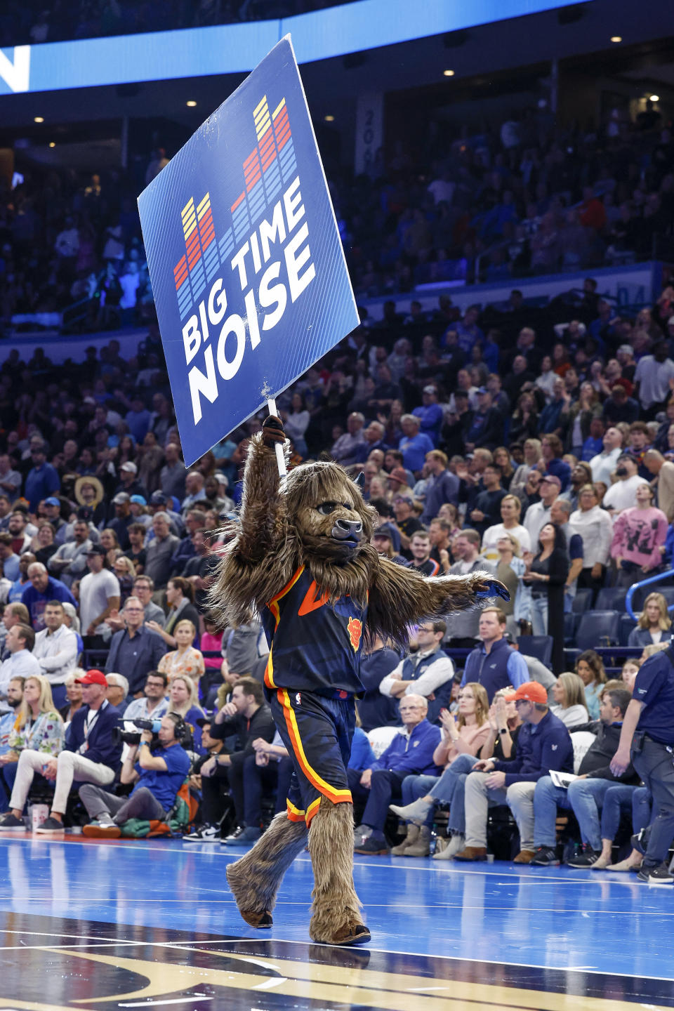 Nov 3, 2023; Oklahoma City, Oklahoma, USA; Oklahoma City Thunder mascot during a second half time out against the Golden State Warriors at Paycom Center. Mandatory Credit: Alonzo Adams-USA TODAY Sports