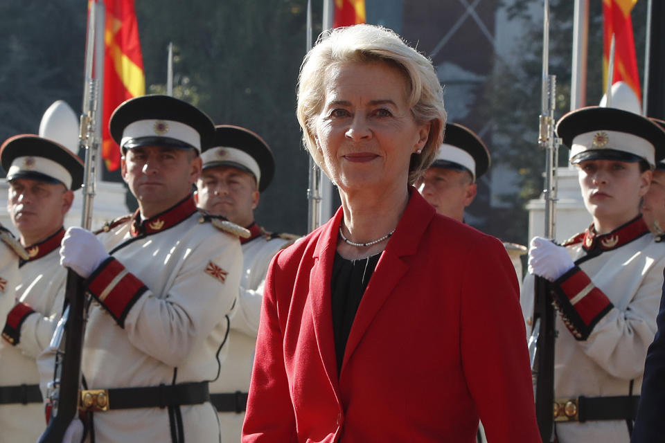 European Commission President Ursula von der Leyen accompanied by North Macedonia's Prime Minister Dimitar Kovacevski looks on during a welcome ceremony at the Government building in Skopje, North Macedonia, on Monday, Oct. 30, 2023. The President of the European Commission, Ursula von der Leyen started her four-day visit to the Western Balkans in North Macedonia, a tour that includes Kosovo, Montenegro, Serbia, and Bosnia and Herzegovina. (AP Photo/Boris Grdanoski)