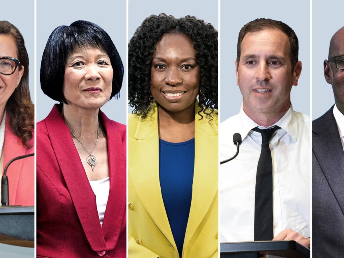 The candidates who participated were, from left to right: Ana Bailao, Olivia Chow, Mitzie Hunter, Josh Matlow and Mark Saunders. (CBC; Photos: Michael Wilson/CBC, CP Images - image credit)