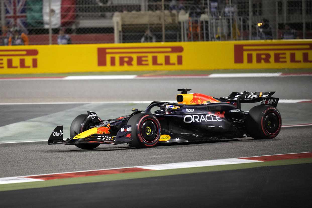 Red Bull driver Max Verstappen of the Netherlands steers his car during the Formula One Bahrain Grand Prix at the Bahrain International Circuit in Sakhir, Bahrain, Saturday, March 2, 2024. (AP Photo/Darko Bandic)