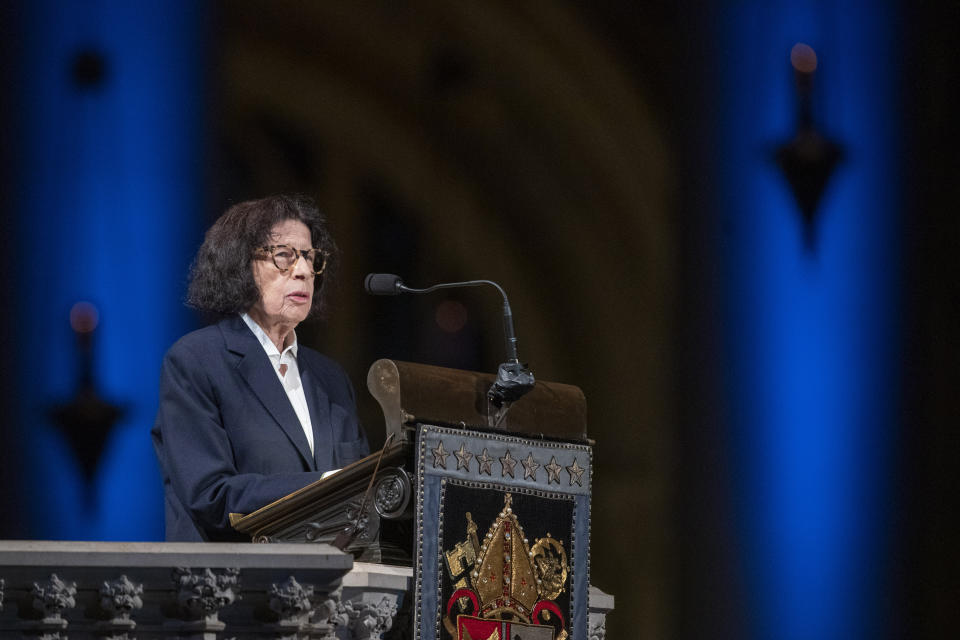 Author Fran Lebowitz speaks during the Celebration of the Life of Toni Morrison, Thursday, Nov. 21, 2019, at the Cathedral of St. John the Divine in New York. Morrison, a Nobel laureate, died in August at 88. (AP Photo/Mary Altaffer)