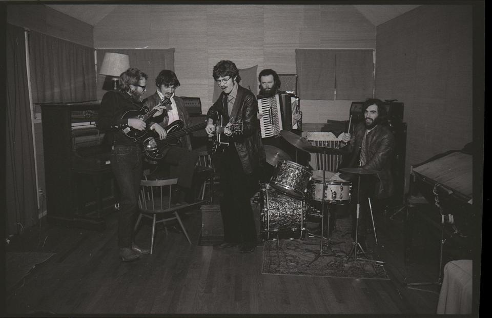 Levon Helm, from left, Rick Danko, Robbie Robertson, Garth Hudson and Richard Manuel of The Band in "Once Were Brothers: Robbie Robertson and the Band," a Magnolia Pictures release.