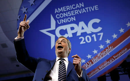 Member of the European Parliament Nigel Farage speaks at the Conservative Political Action Conference, or CPAC, in Oxon Hill, Maryland, U.S., February 24, 2017. REUTERS/Kevin Lamarque