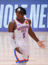 Oklahoma City Thunder's Luguentz Dort reacts during the fourth quarter of Game 2 of an NBA basketball first-round playoff series against the Houston Rockets, Thursday, Aug. 20, 2020, in Lake Buena Vista, Fla. (Kevin C. Cox/Pool Photo via AP)