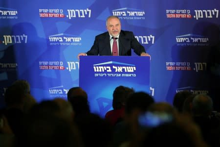 Avigdor Lieberman, leader of Yisrael Beitenu party speaks following the announcement of exit polls in Israel's parliamentary election at his party headquarters in Jerusalem