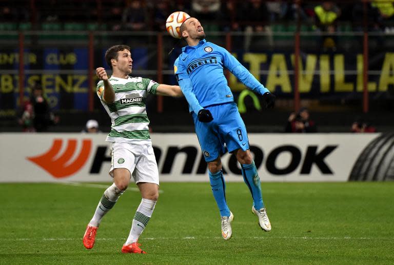 Adam Matthews (L) will be back in the Celtic squad when they take on Dundee United looking to secure the points they need to retain the Scottish Premiership title