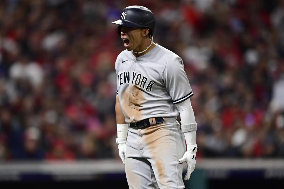 New York Yankees' Oswaldo Cabrera celebrates his two-run home run against the Cleveland Guardians during the fifth inning of Game 3 of a baseball AL Division Series Saturday, Oct. 15, 2022, in Cleveland. (AP Photo/David Dermer)