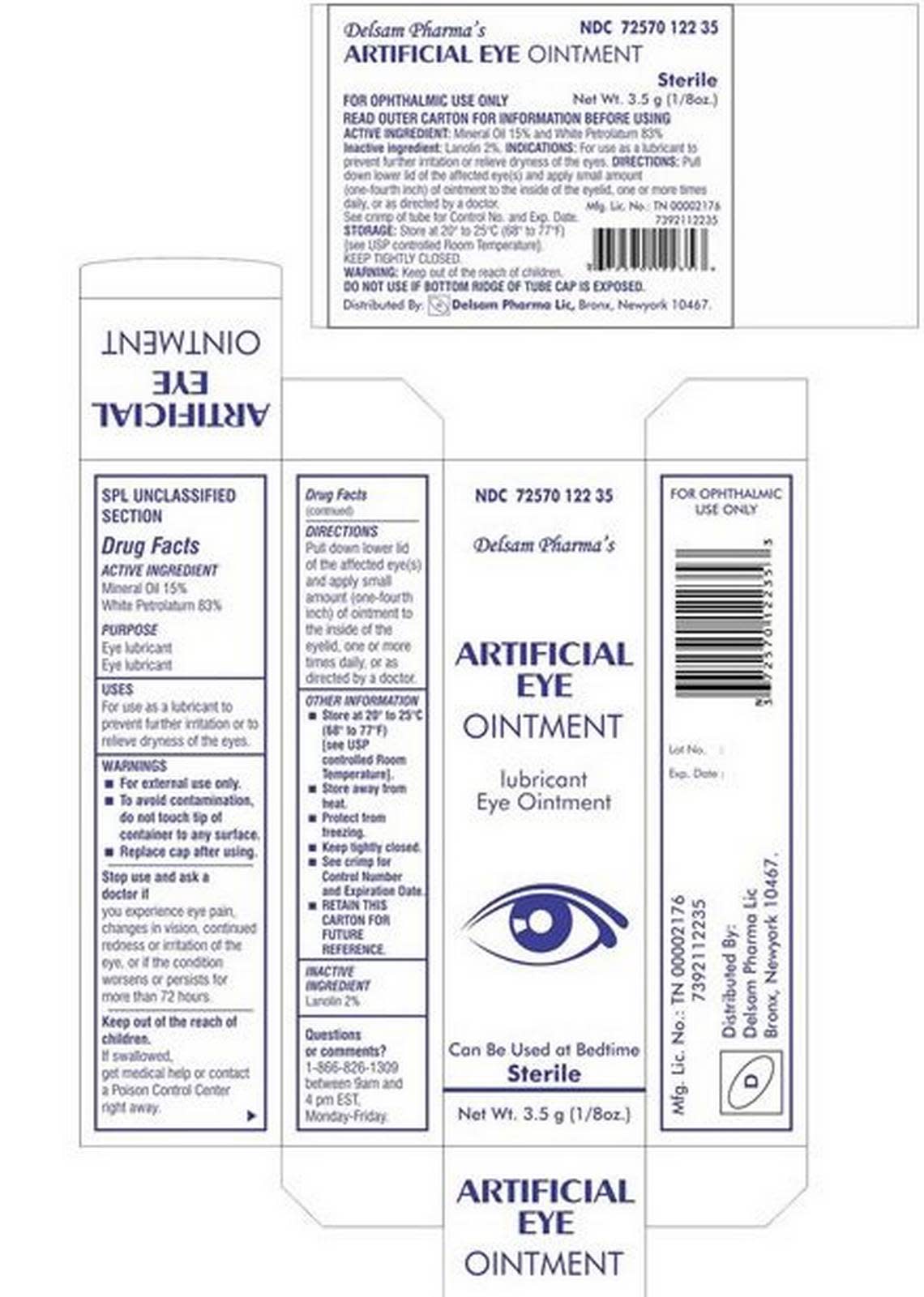 The deconstructed box of Delsam Pharma Artificial Eye Ointment. National Drug Codes List