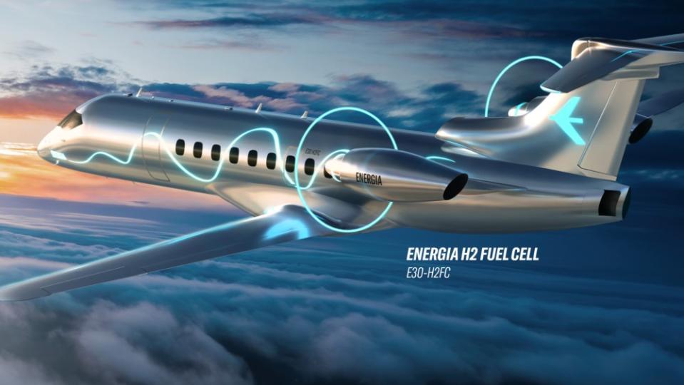 Embraer reveals two hydrogen fuel-cell-powered jets and two powered with electric-hybrid propulsion.