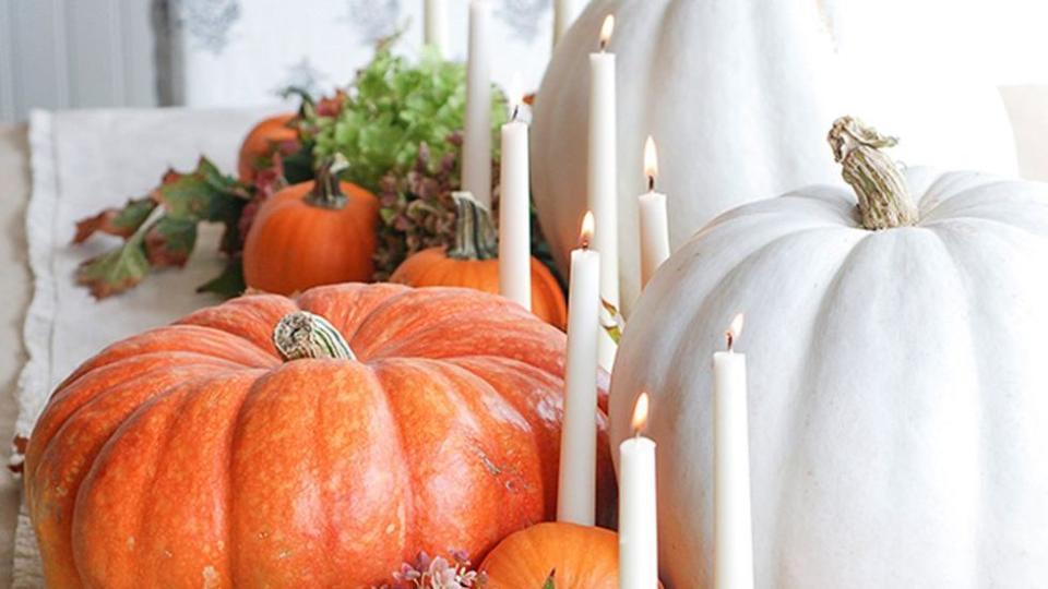 orange and white pumpkins centerpiece for thanksgiving