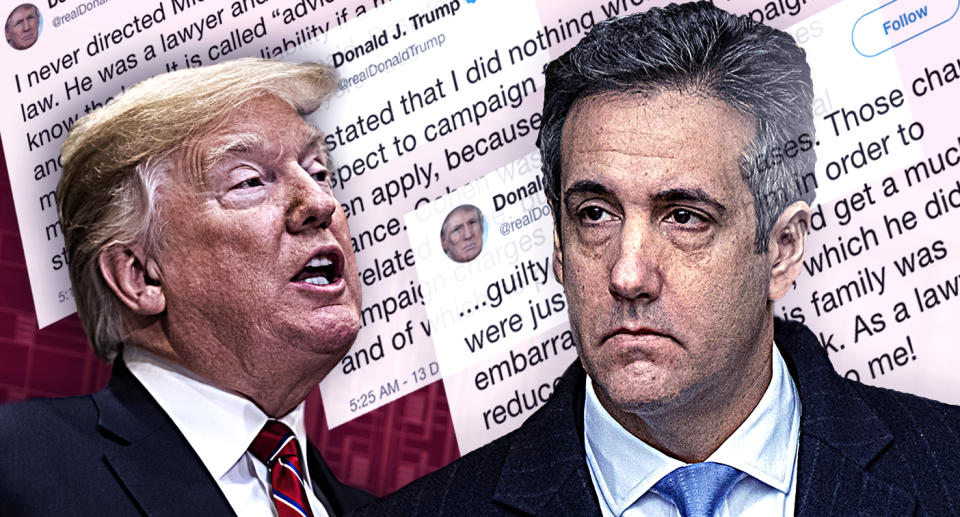 Donald Trump and Michael Cohen. (Photo illustration: Yahoo News; photos: Jabin Botsford/Washington Post via Getty Images, Craig Ruttle/AP, @realDonaldTrump, Mark Kauzlarich/Bloomberg via Getty Images)