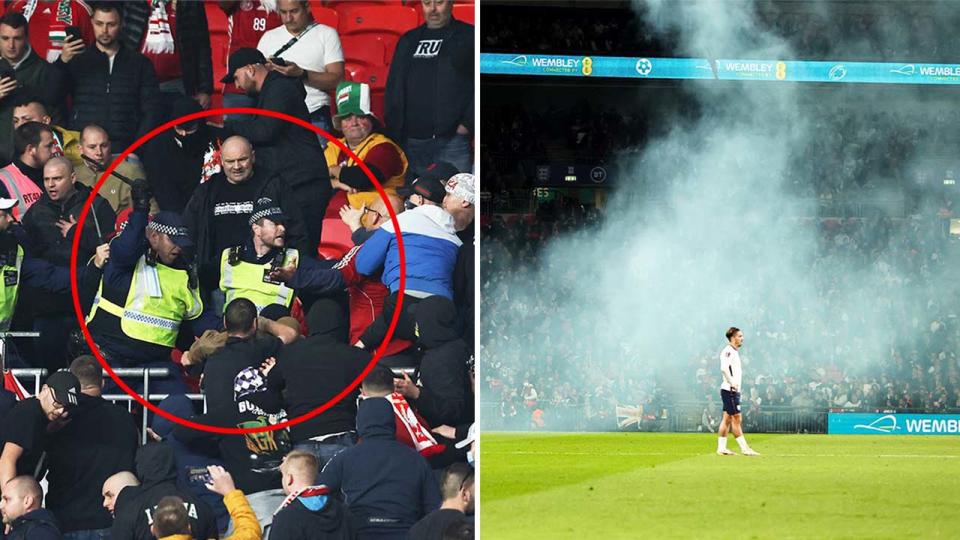 Hungary fans clashing with police (pictured left) at Wembley stadium and (picture right) Jack Grealish on the pitch.