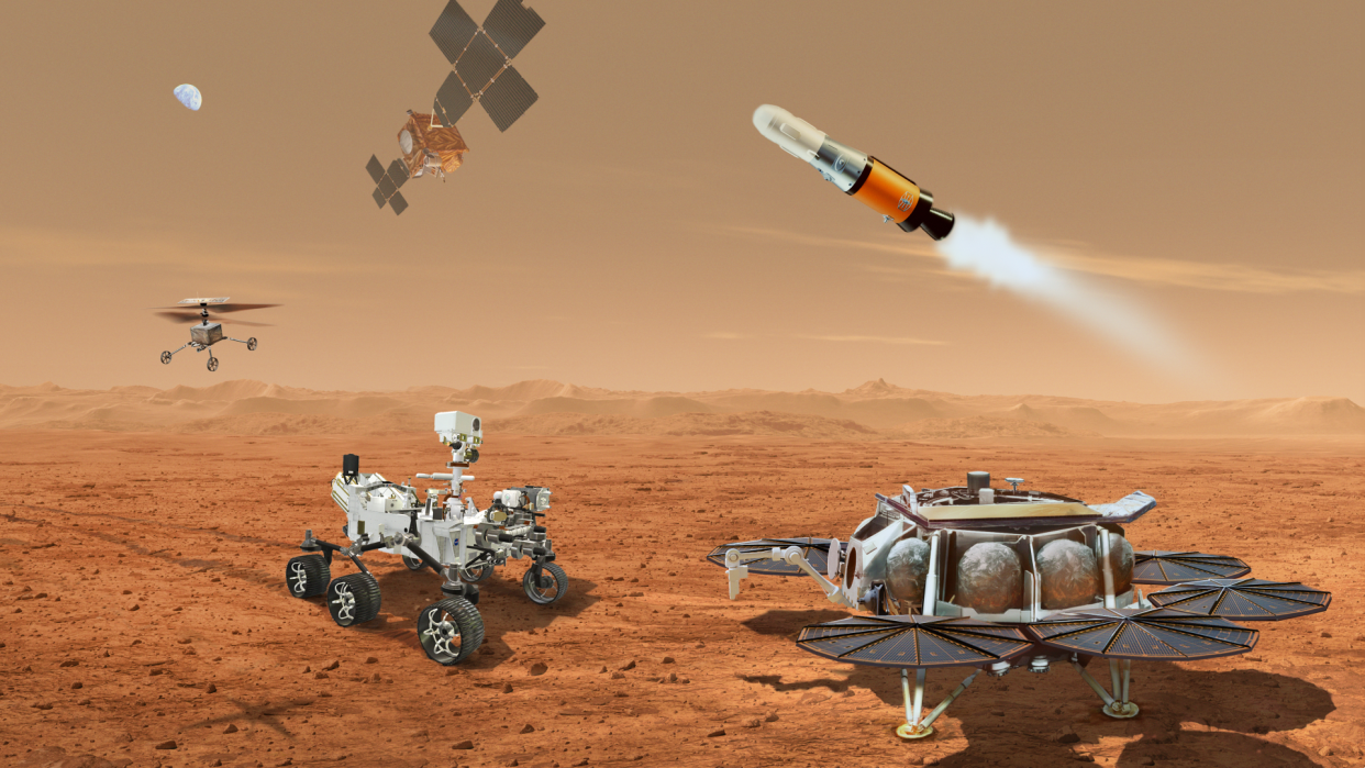  a variety of rovers, rocket launchers, and helicopters on the Martian surface 