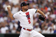 National League's starting pitcher Max Scherzer, of the Washington Nationals, throws during the first inning of the MLB All-Star baseball game, Tuesday, July 13, 2021, in Denver. (AP Photo/Jack Dempsey)