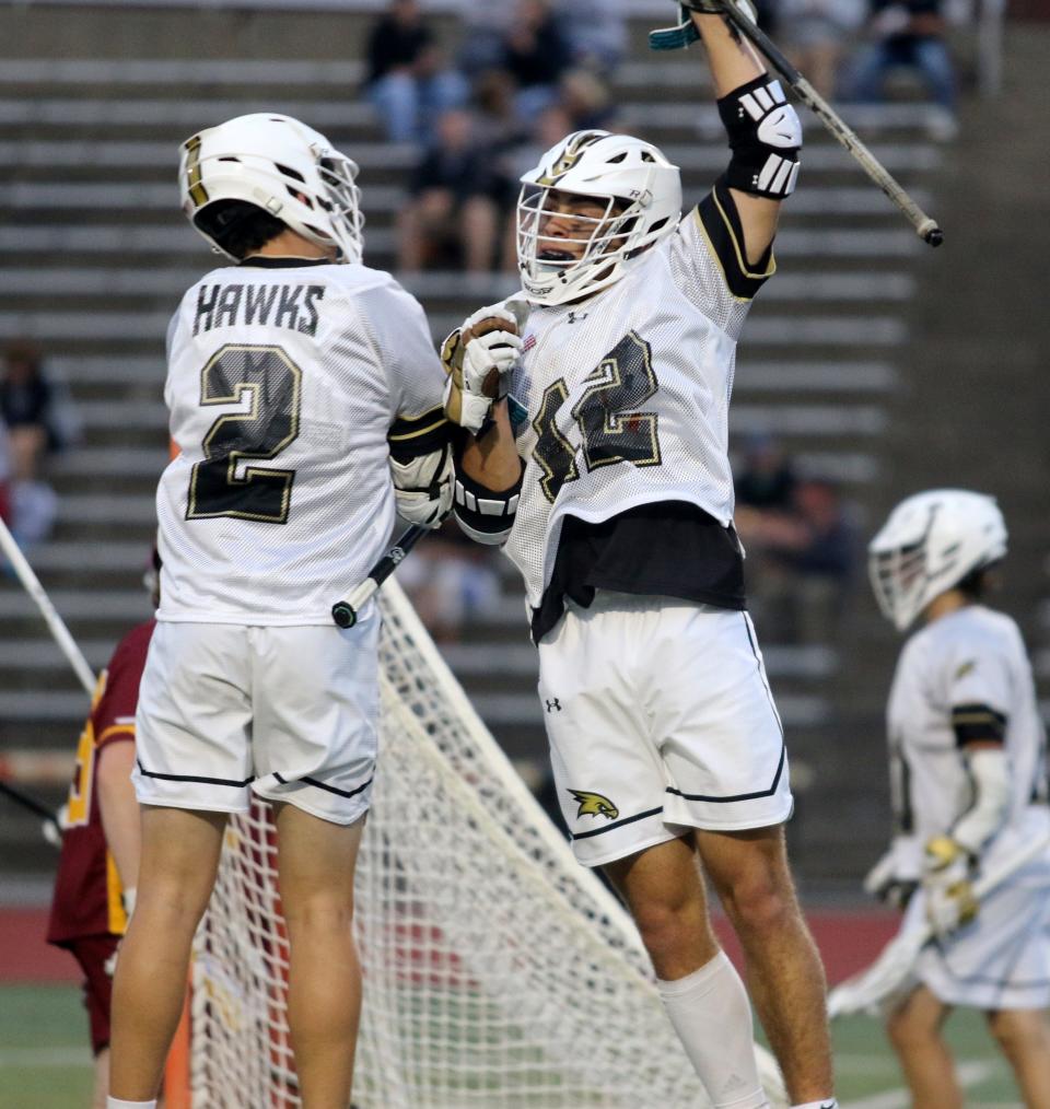 Corning's Chris Grimaldi (12) and Dom Dinardo celebrate Grimaldi's goal during a 12-3 win over Ithaca in the Section 4 Class A boys lacrosse championship game May 26, 2022 at Union-Endicott.