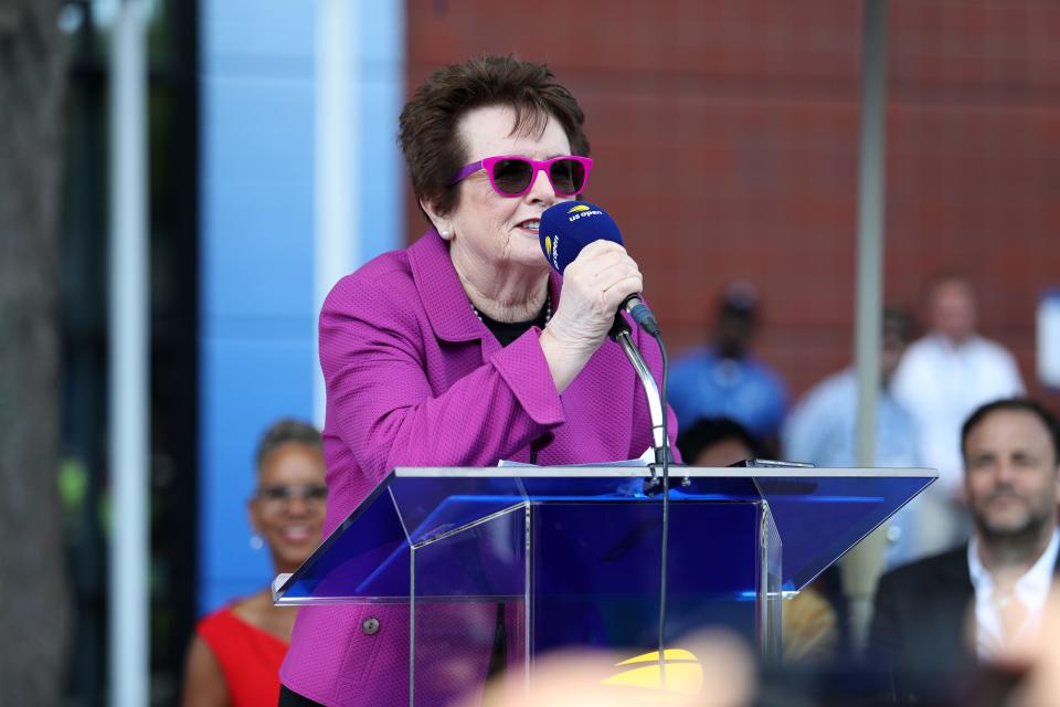 Tennis icon Billy Jean King shares stories of Althea Gibson at the U.S. Open in Queens, N.Y. on Monday, Aug. 26, 2019.