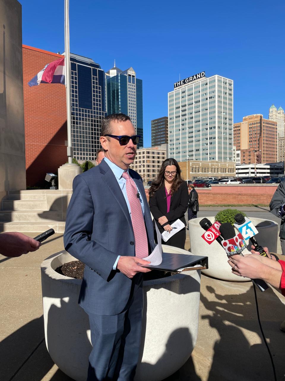 Tony Rothert, attorney for the ACLU of Missouri, speaks to members of the press outside of the Western District Court of Appeals in Kansas City on October 30, 2023. He represents Dr. Anna Fitz-James in a case challenging ballot summary language for abortion-rights petitions.