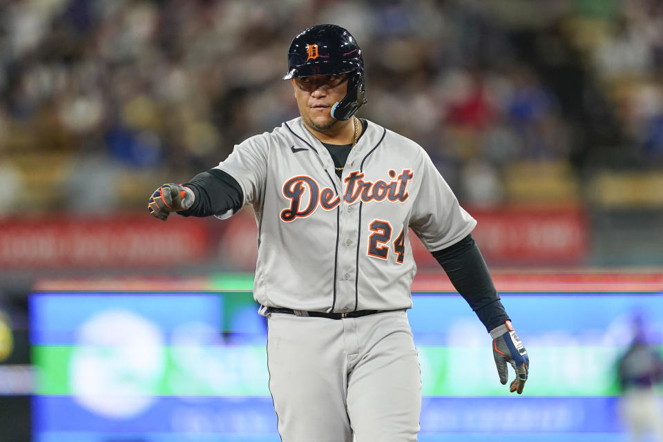 Detroit Tigers designated hitter Miguel Cabrera gestures while on second base during the fifth inning of a baseball game against the Los Angeles Dodgers, Monday, Sept. 18, 2023, in Los Angeles. (AP Photo/Ryan Sun)