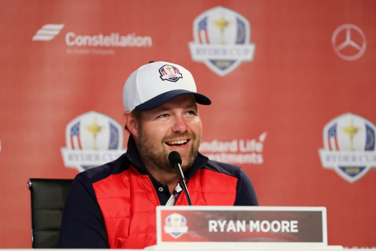 Ryan Moore of the US speaks during a press conference prior to the 2016 Ryder Cup, at Hazeltine National Golf Club in Chaska, Minnesota, on September 27