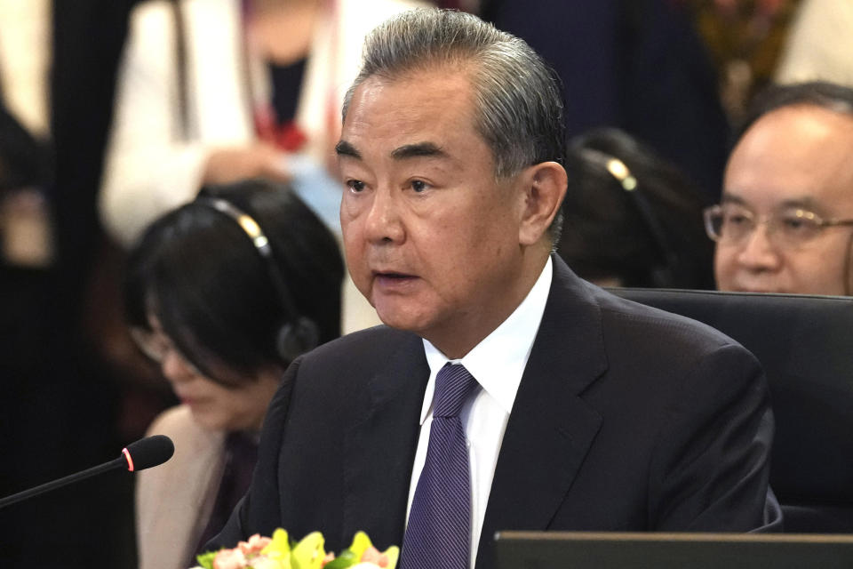 FILE - Chinese Communist Party's foreign policy chief Wang Yi speaks during the ASEAN Post Ministerial Conference with China at the Association of Southeast Asian Nations (ASEAN) Foreign Ministers' Meeting in Jakarta, Indonesia, Thursday, July 13, 2023. China has removed outspoken foreign minister Qin Gang from office and replaced him with his predecessor, Wang Yi. In an announcement on Tuesday, July 25, 2023, state media gave no reason for Qin’s removal, but it comes after he dropped out of sight almost one month ago amid speculation over his personal affairs and political rivalries.((AP Photo/Tatan Syuflana, File)