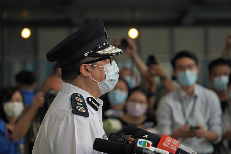 Chris Tang, commissioner of the Hong Kong Police Force, speaks to the media during a press conference in Hong Kong, Wednesday, May 12, 2021. A top Hong Kong national security officer was reportedly caught up in a raid on an unlicensed massage business, and will face a police force investigation into the alleged misconduct. Hong Kong’s Director of National Security Frederic Choi has since been put on leave after the incident, according to Tang. (AP Photo/Kin Cheung)
