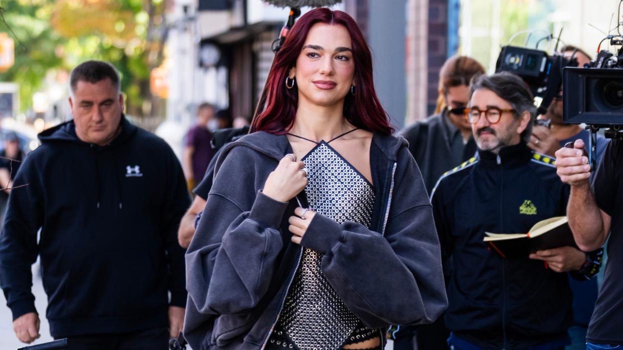 dua lipa in leather trosuers